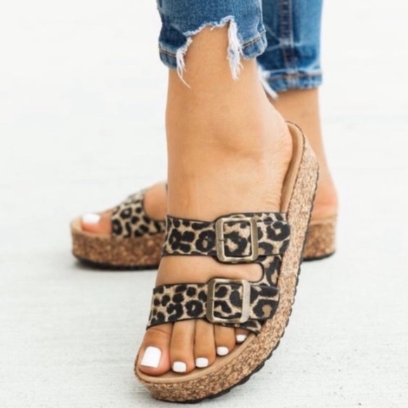 Shoes Leopard Animal Print Double Strap Cork Platform Buckle Casual